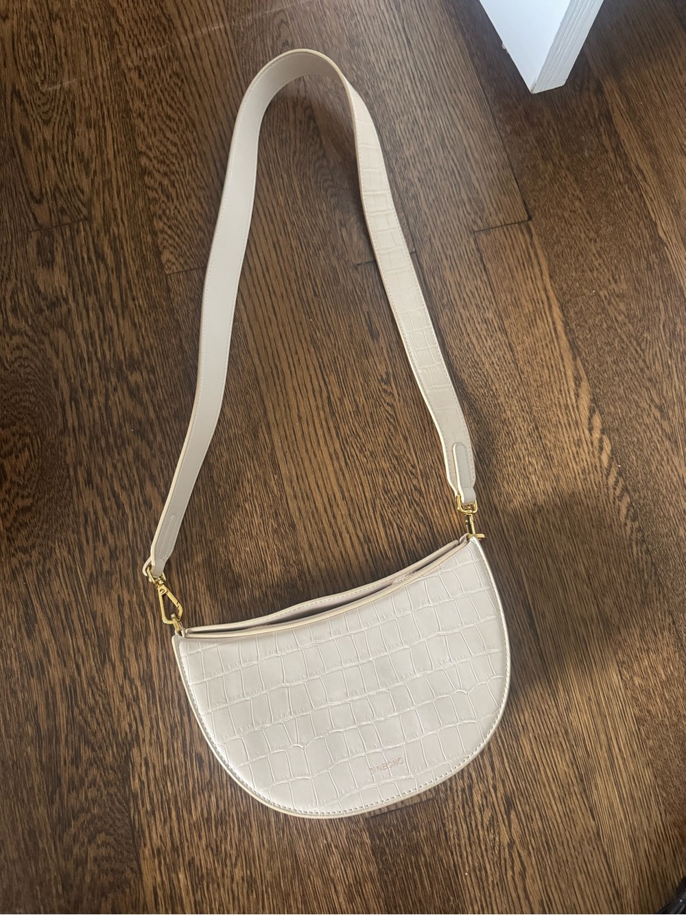Cream Croc-Embossed Semi-Circle Shoulder Bag